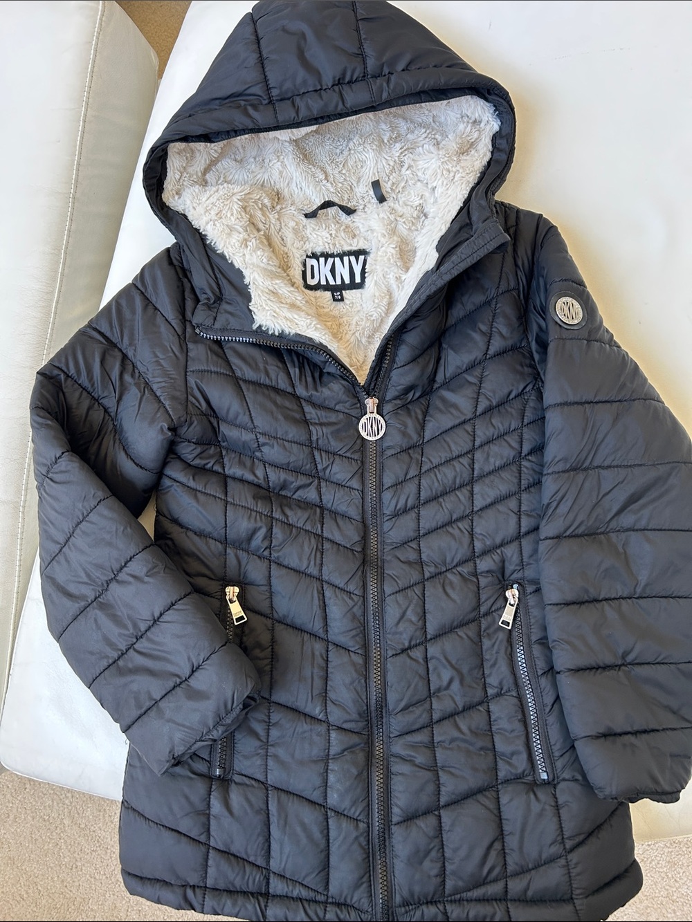 DKNY Girls' Black Quilted Hooded Puffer with Cream Faux Fur Lining